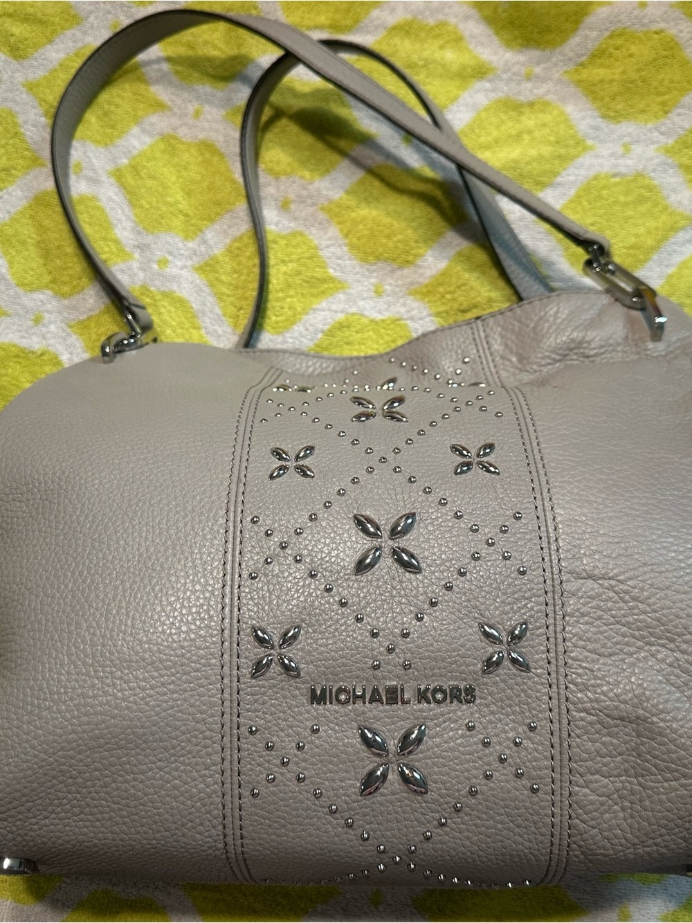Michael Kors Light Taupe Leather Shoulder Bag with Studded Floral Accents